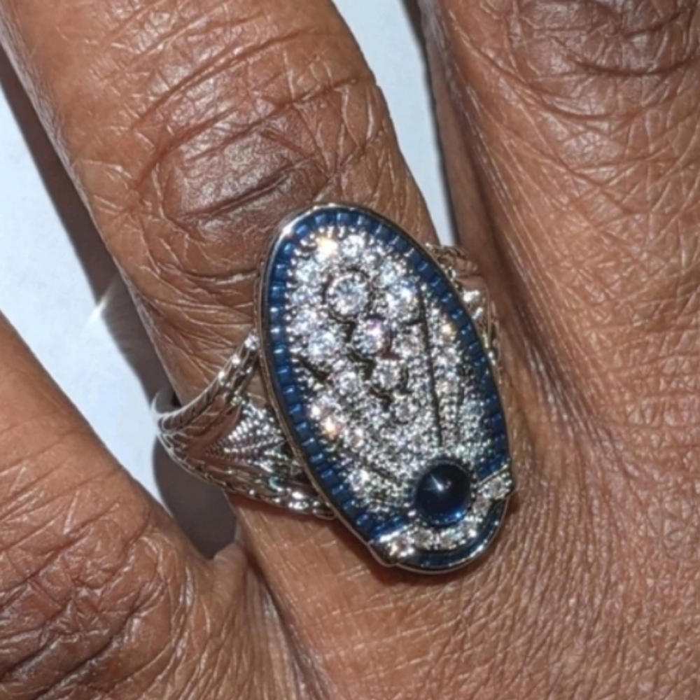 Art Deco Style Lab Created diamond Sapphire Wedding 14k White Gold Plated Sz 10 - Picture 10 of 15